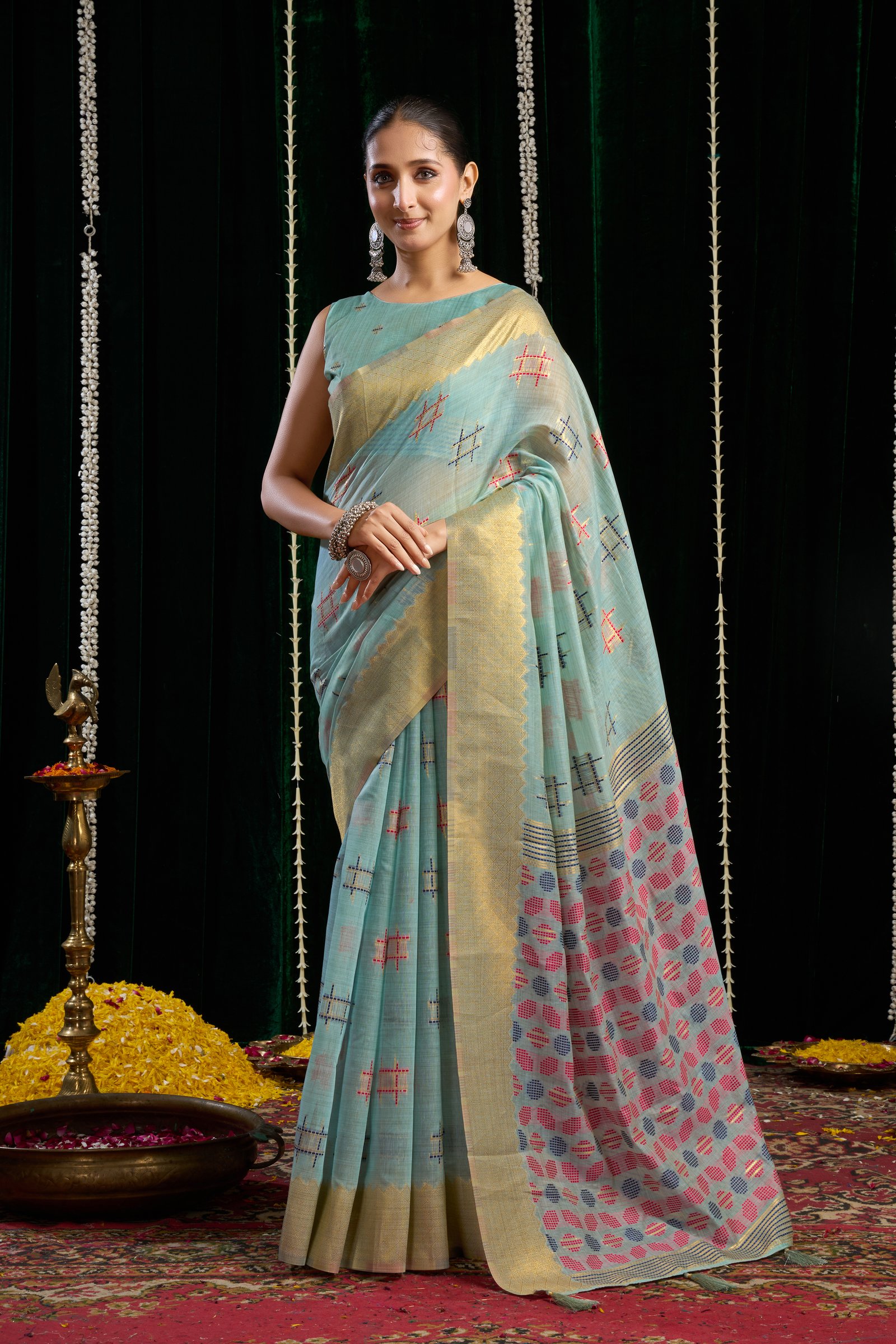Arniya® Premium Soft Spun Cotton Saree | Elegant Zari Border & Zhallar | 5 Pc Set - View 17