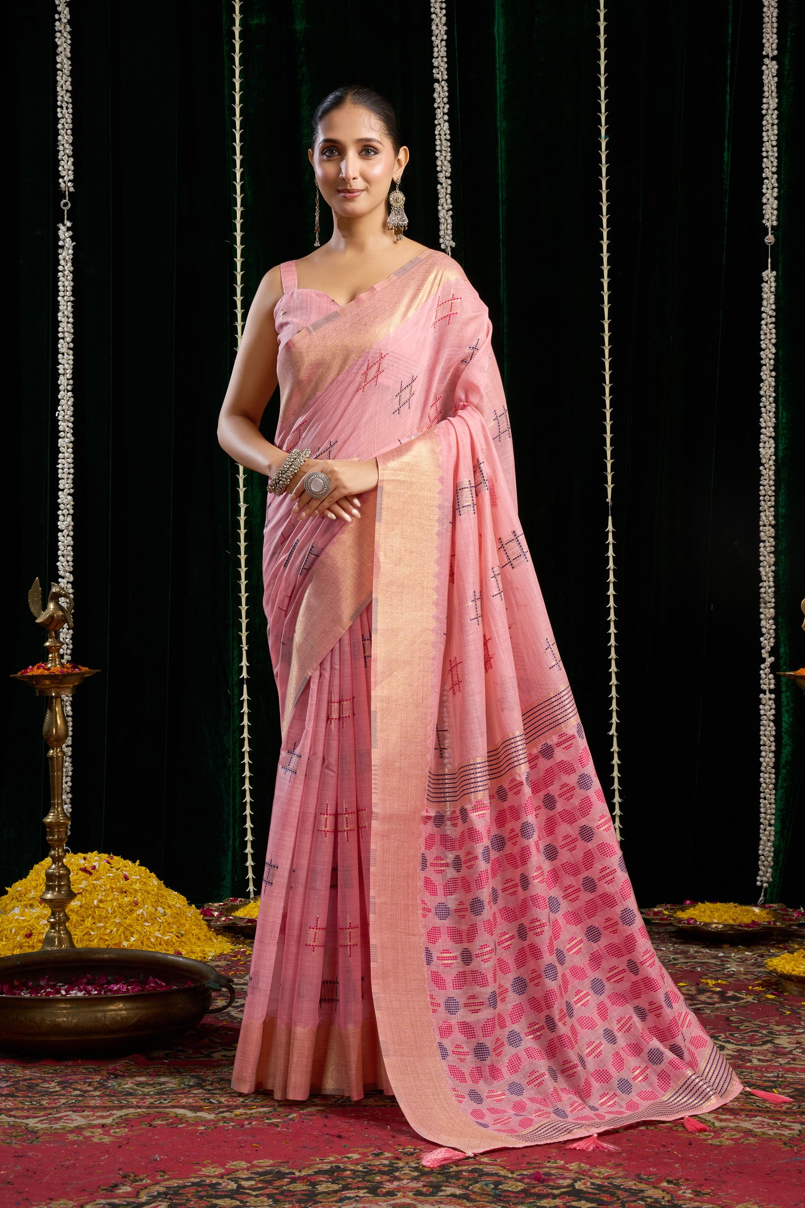 Arniya® Premium Soft Spun Cotton Saree | Elegant Zari Border & Zhallar | 5 Pc Set - View 12