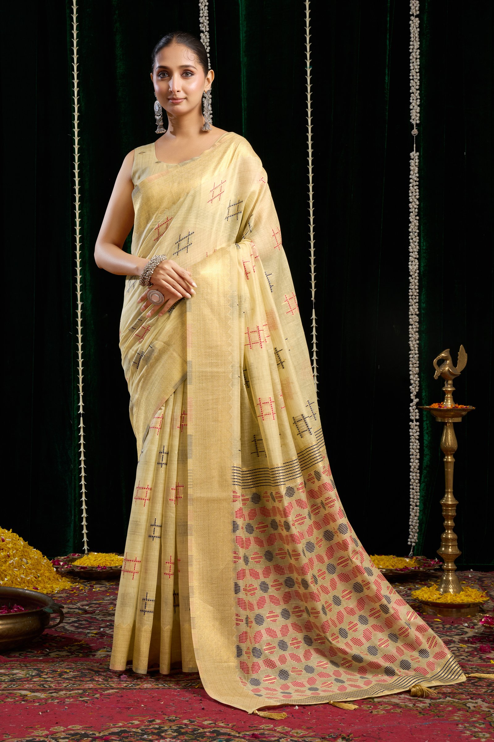 Arniya® Premium Soft Spun Cotton Saree | Elegant Zari Border & Zhallar | 5 Pc Set - View 2
