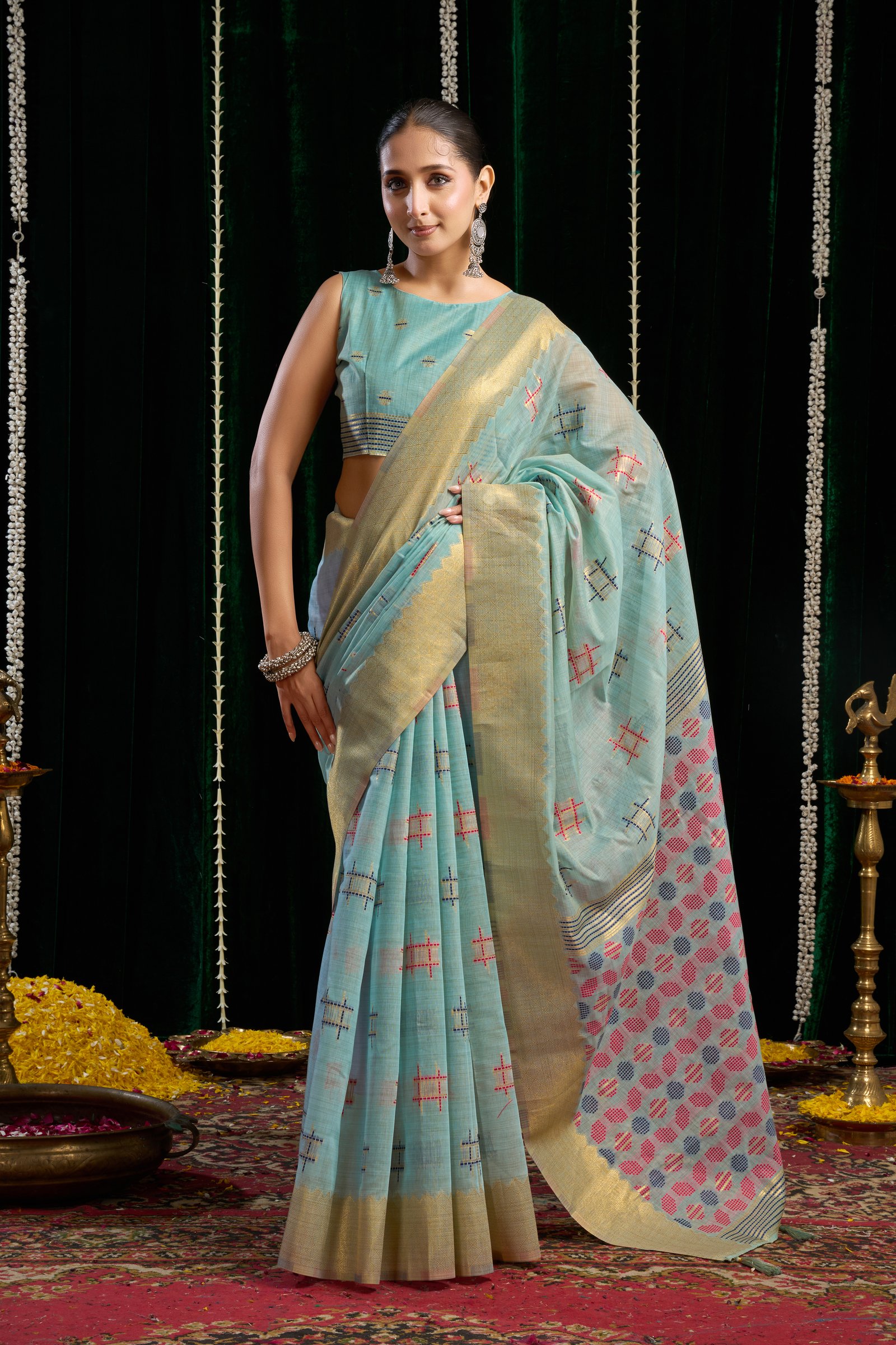 Arniya® Premium Soft Spun Cotton Saree | Elegant Zari Border & Zhallar | 5 Pc Set - View 19