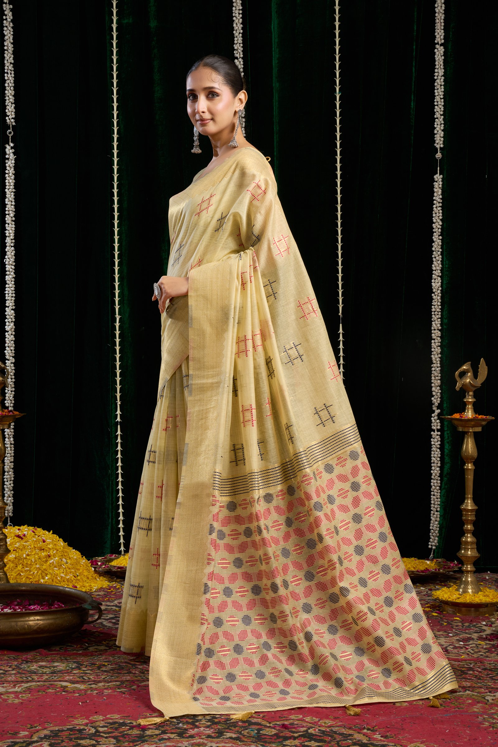 Arniya® Premium Soft Spun Cotton Saree | Elegant Zari Border & Zhallar | 5 Pc Set - View 3