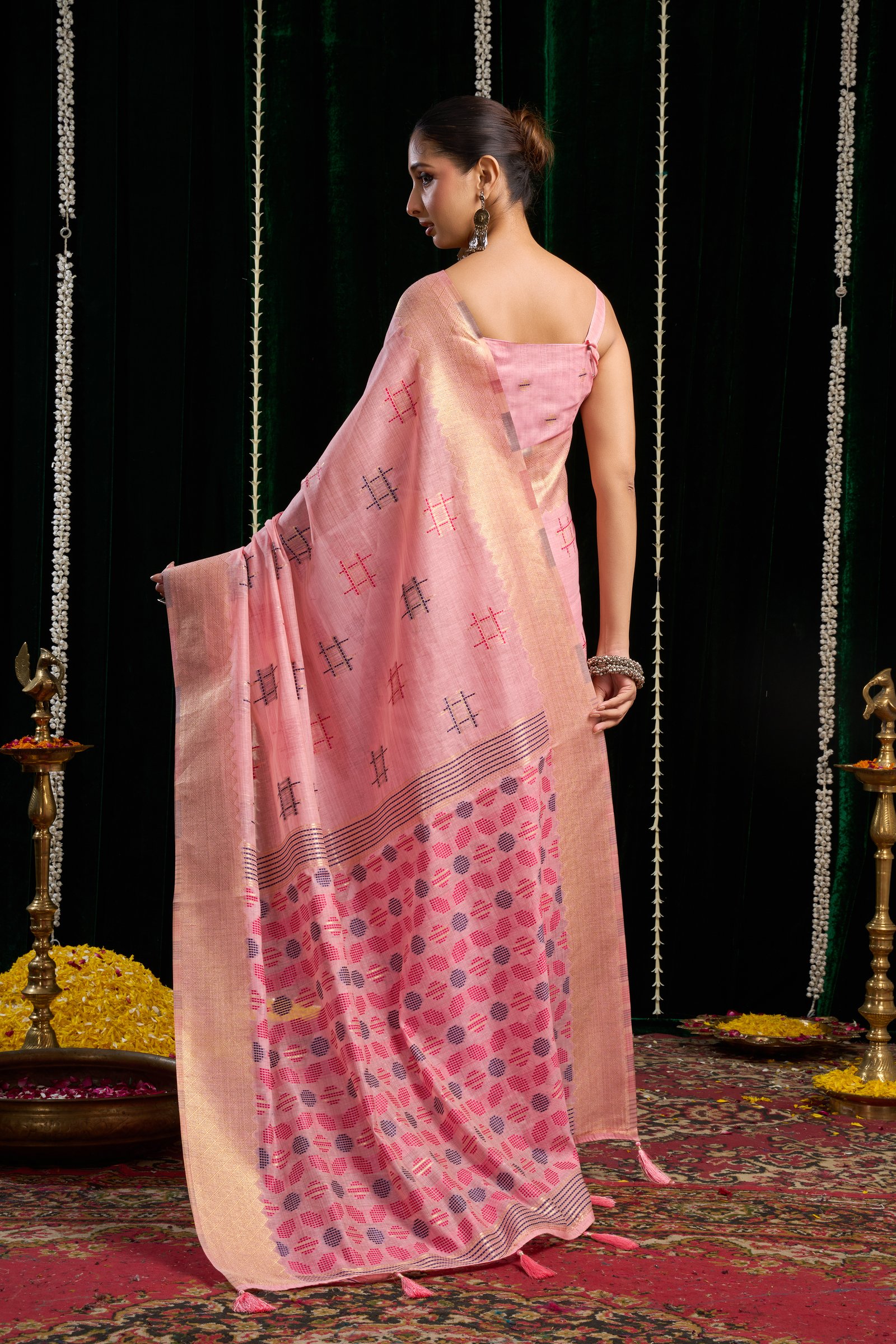 Arniya® Premium Soft Spun Cotton Saree | Elegant Zari Border & Zhallar | 5 Pc Set - View 14